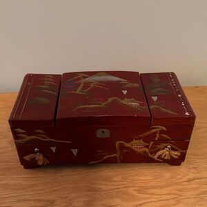 Vintage Japanese Wooden Lacquer & Mother of Pearl Jewelry Box with Mirror